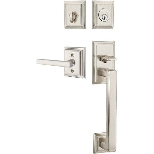 Emtek Hamden Tubular Entrance Handleset With Freestone Lever in Satin Nickel finish