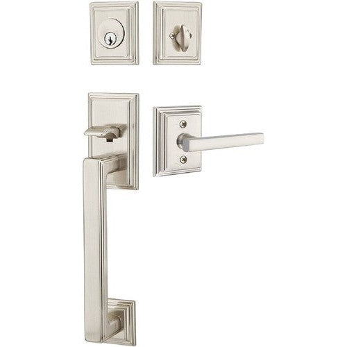 Emtek Hamden Tubular Entrance Handleset With Freestone Lever in Satin Nickel finish