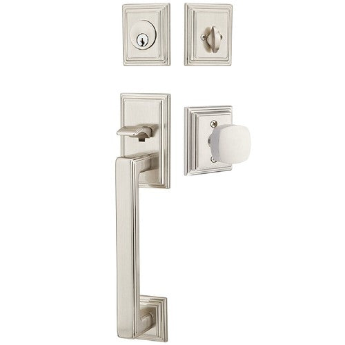 Emtek Hamden Tubular Entrance Handleset With Freestone Square Knob in Satin Nickel finish