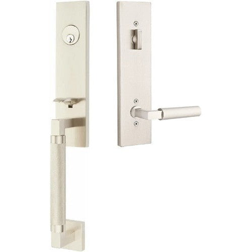 Emtek Hercules Knurled Monolithic Tubular Entry Set with Hercules Lever in Satin Nickel finish