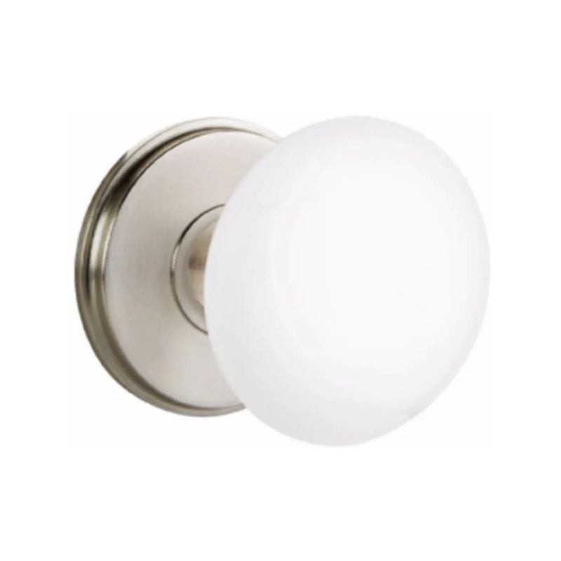 Emtek Ice White Porcelain Knob with Watford Rosette in Satin Nickel finish