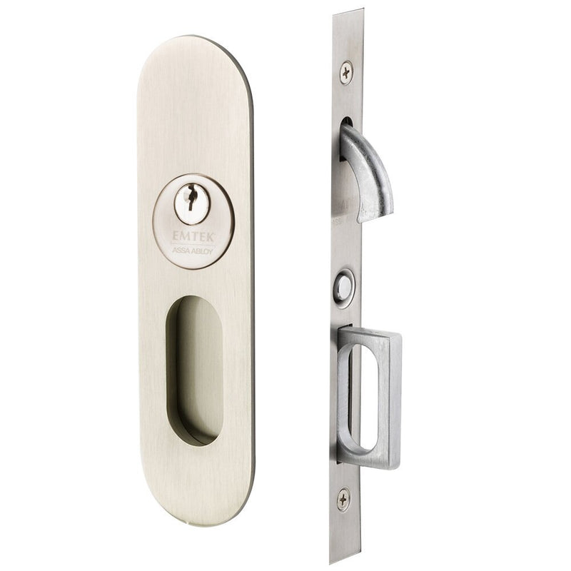 Emtek Keyed Narrow Oval Pocket Door Mortise Lock in Satin Nickel finish