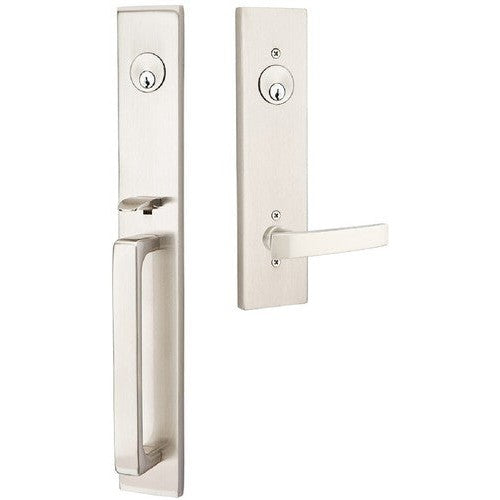 Emtek Lausanne Tubular Double Cylinder Entrance Handleset with Geneva Lever in Satin Nickel finish