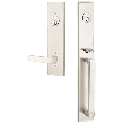 Emtek Lausanne Tubular Entrance Handleset Single Cylinder with Geneva Lever in Satin Nickel finish