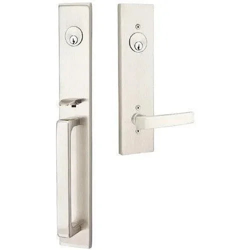 Emtek Lausanne Tubular Entrance Handleset Single Cylinder with Geneva Lever in Satin Nickel finish