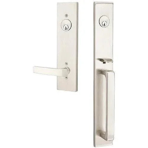 Emtek Lausanne Tubular Entrance Handleset Single Cylinder with Geneva Lever in Satin Nickel finish