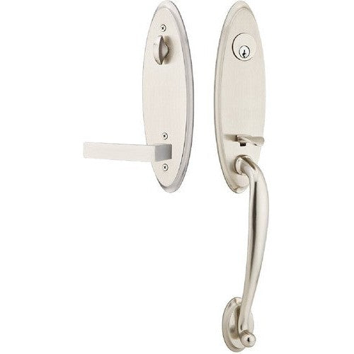 Emtek Marietta Tubular Entrance Handleset With Dumont Lever in Satin Nickel finish