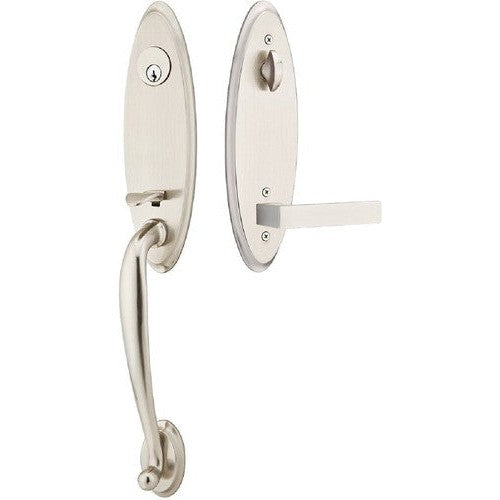 Emtek Marietta Tubular Entrance Handleset With Dumont Lever in Satin Nickel finish