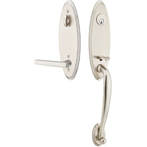 Emtek Marietta Tubular Entrance Handleset With Freestone Lever in Satin Nickel finish