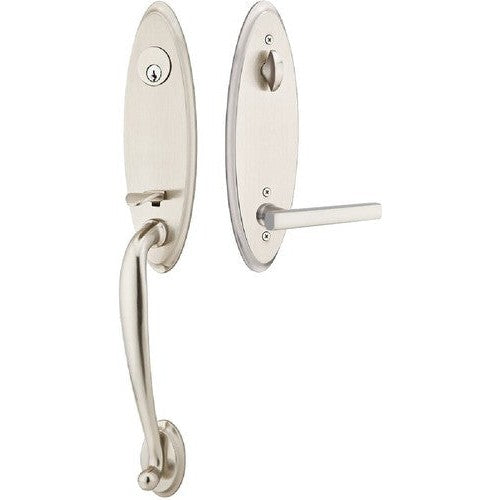 Emtek Marietta Tubular Entrance Handleset With Freestone Lever in Satin Nickel finish