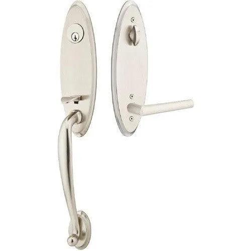 Emtek Marietta Tubular Entrance Handleset With Left Handed Stuttgart Lever in Satin Nickel finish