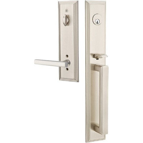 Emtek Melrose Tubular Entrance Handleset With Freestone Lever in Satin Nickel finish