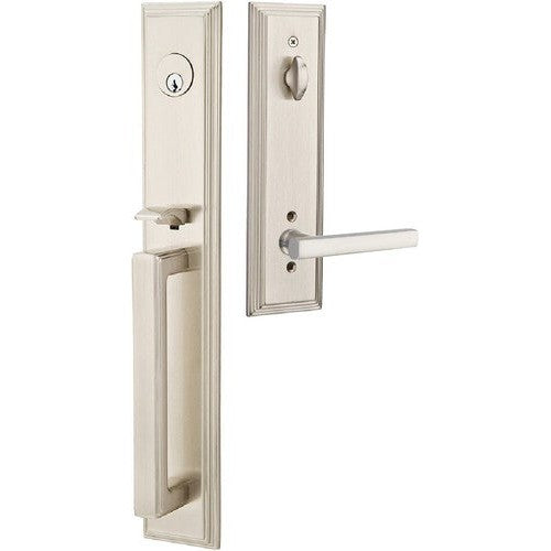 Emtek Melrose Tubular Entrance Handleset With Freestone Lever in Satin Nickel finish