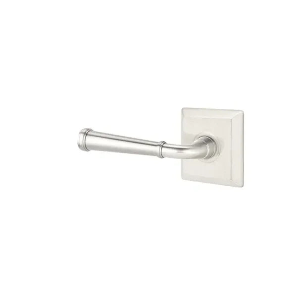 The Emtek Merrimack Lever with Quincy Rosette in Satin Nickel finish.