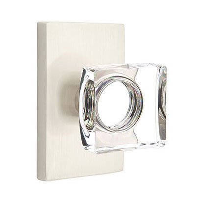 Emtek Modern Square Crystal Knob with Modern Rectangular Rosette in Satin Nickel finish