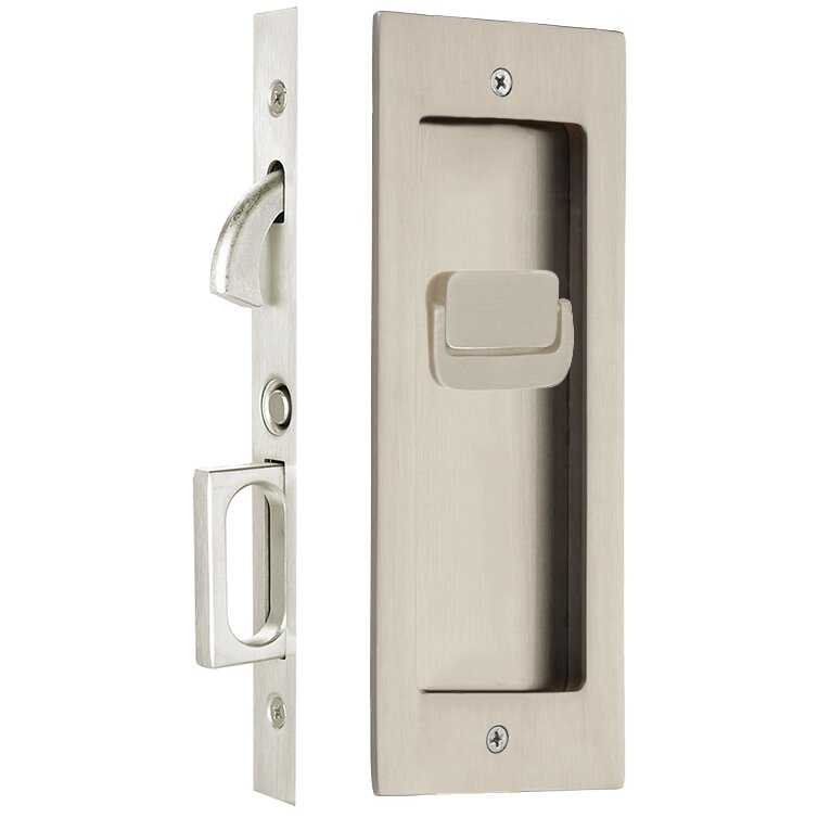 The Emtek Privacy Modern Rectangular Pocket Door Mortise Lock in Satin Nickel finish