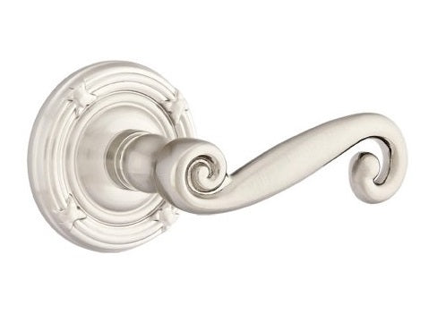 The Emtek Rustic Lever With Ribbon & Reed Rosette in Satin Nickel finish.