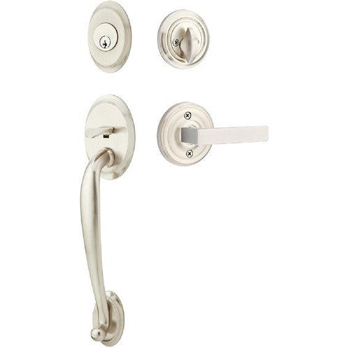 Emtek Saratoga Tubular Entrance Handleset With Dumont Lever in Satin Nickel finish