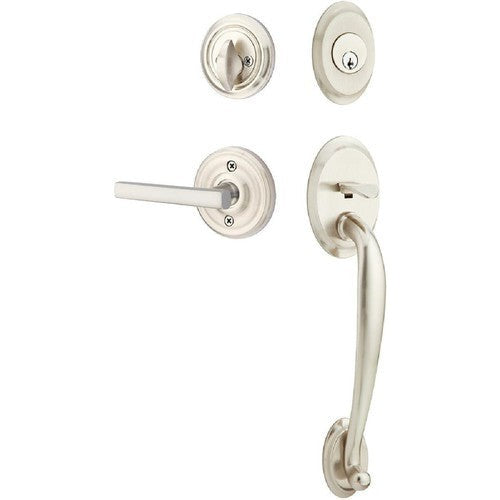 Emtek Saratoga Tubular Entrance Handleset With Freestone Lever in Satin Nickel finish