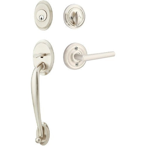 Emtek Saratoga Tubular Entrance Handleset With Stuttgart Lever in Satin Nickel finish