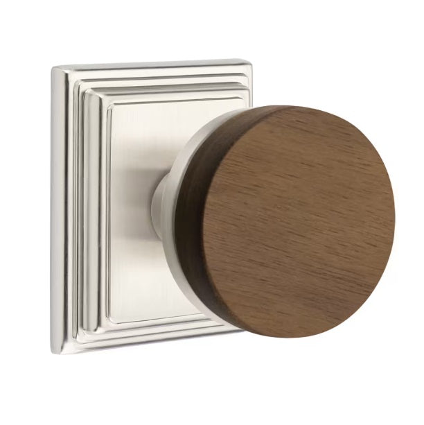 Emtek Select Conical Dark Walnut Knob with Wilshire Rosette in Satin Nickel finish