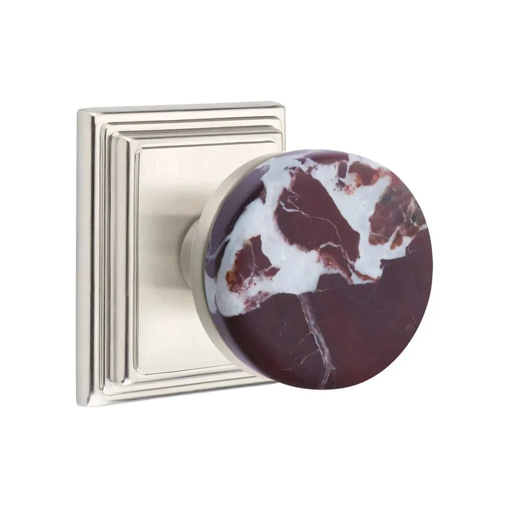 The Emtek Select Conical Rosso Levanto Marble Knobset with Wilshire Rosette in Satin Nickel finish.
