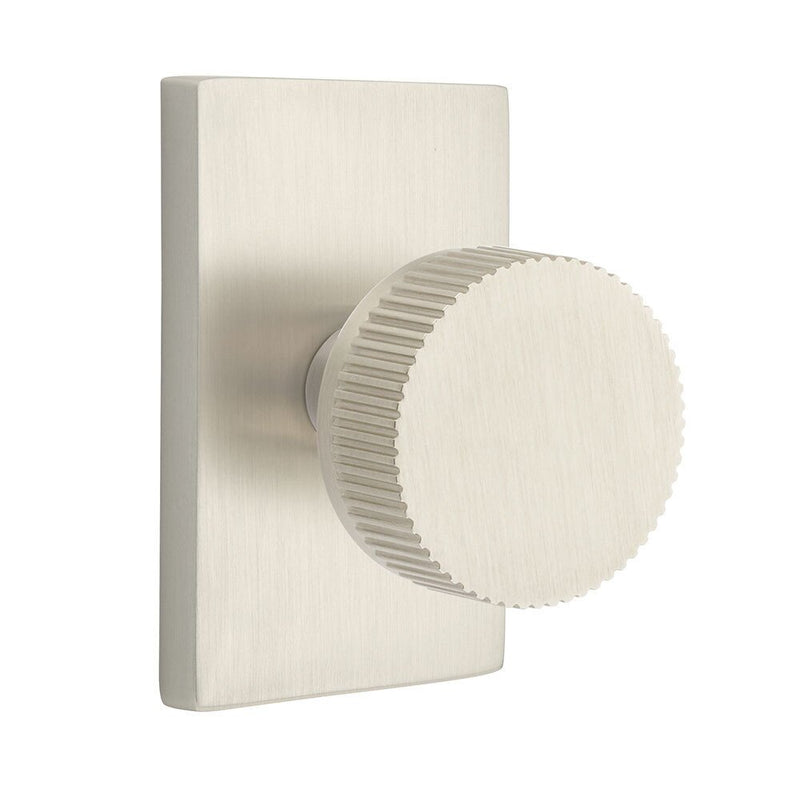 Emtek Select Conical Straight Knurled Knob with Modern Rectangular Rosette in Satin Nickel finish