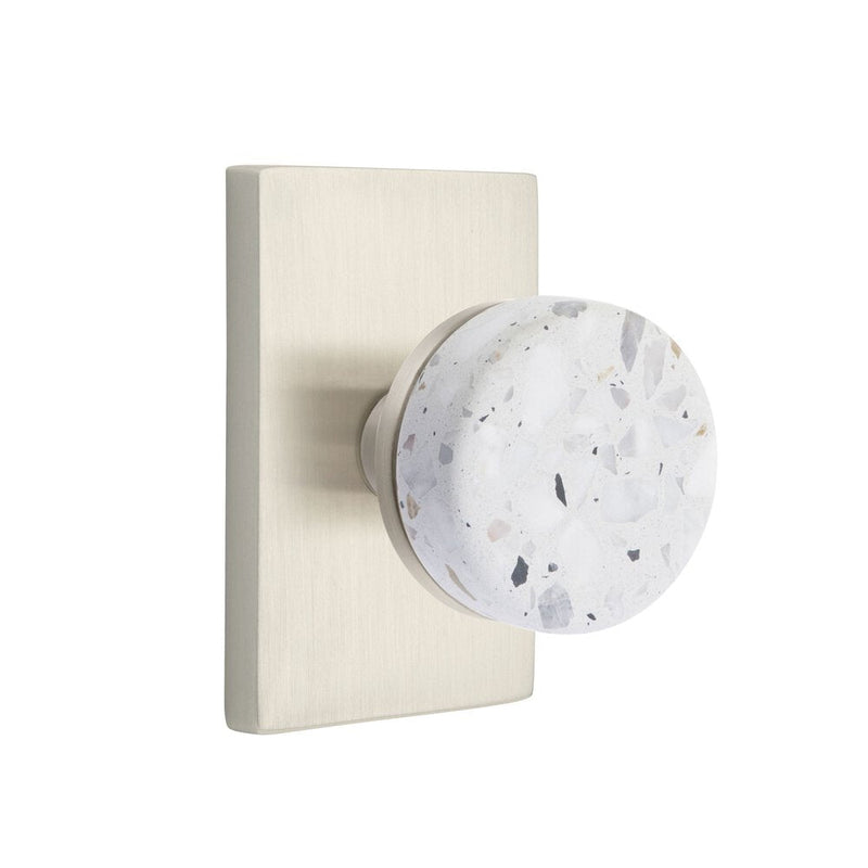 Emtek Select Conical Terrazzo Knob with Modern Rectangular Rosette in Satin Nickel finish