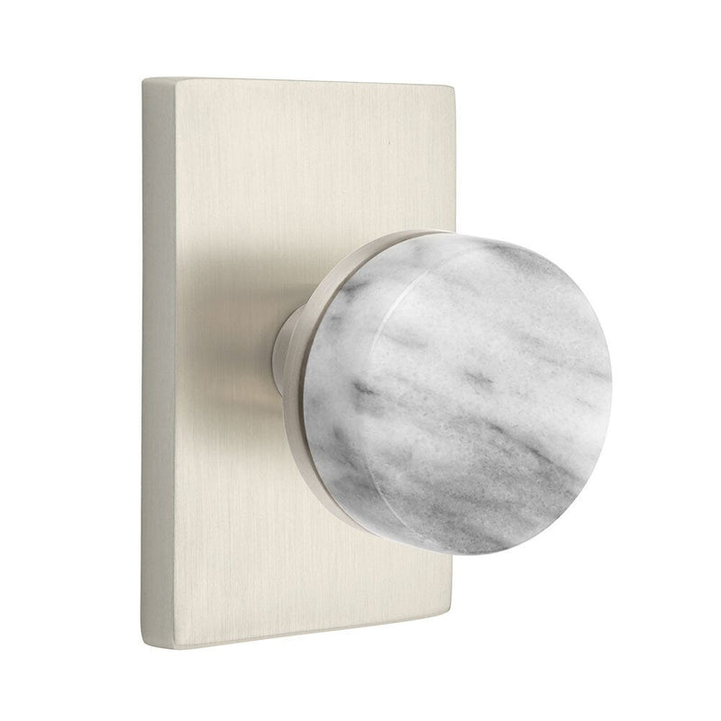 Emtek Select Conical White Marble Knob with Modern Rectangular Rosette in Satin Nickel finish