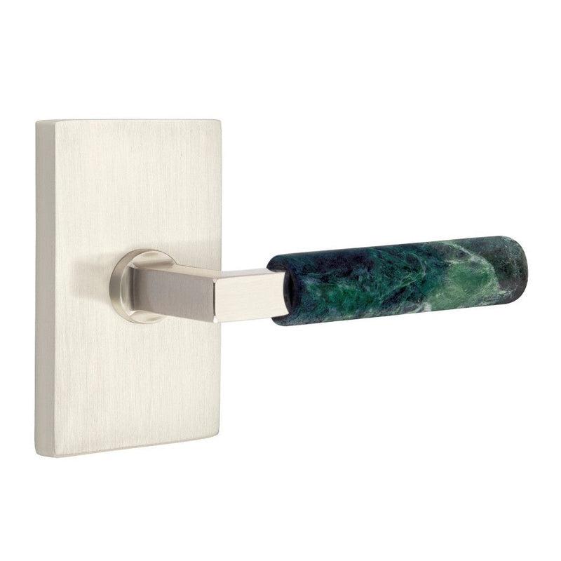 Emtek Select L-Square Green Marble Lever with Modern Rectangular Rosette in Satin Nickel finish