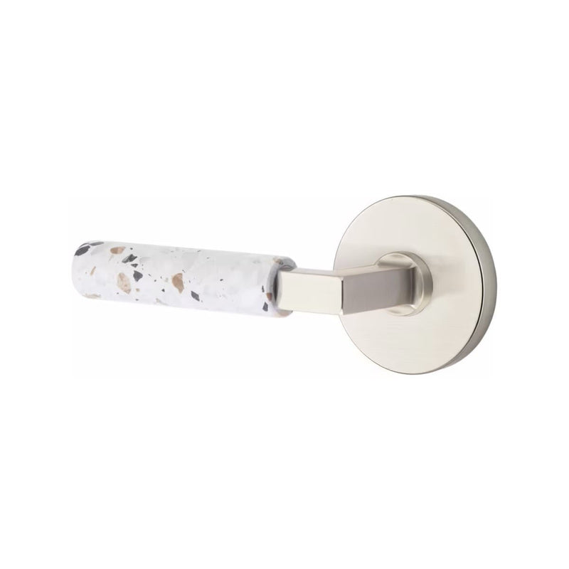 Emtek Select L-Square Terrazzo Lever with Disk Rosette in Satin Nickel finish