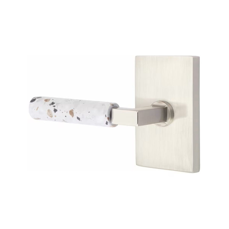 Emtek Select L-Square Terrazzo Lever with Modern Rectangular Rosette in Satin Nickel finish