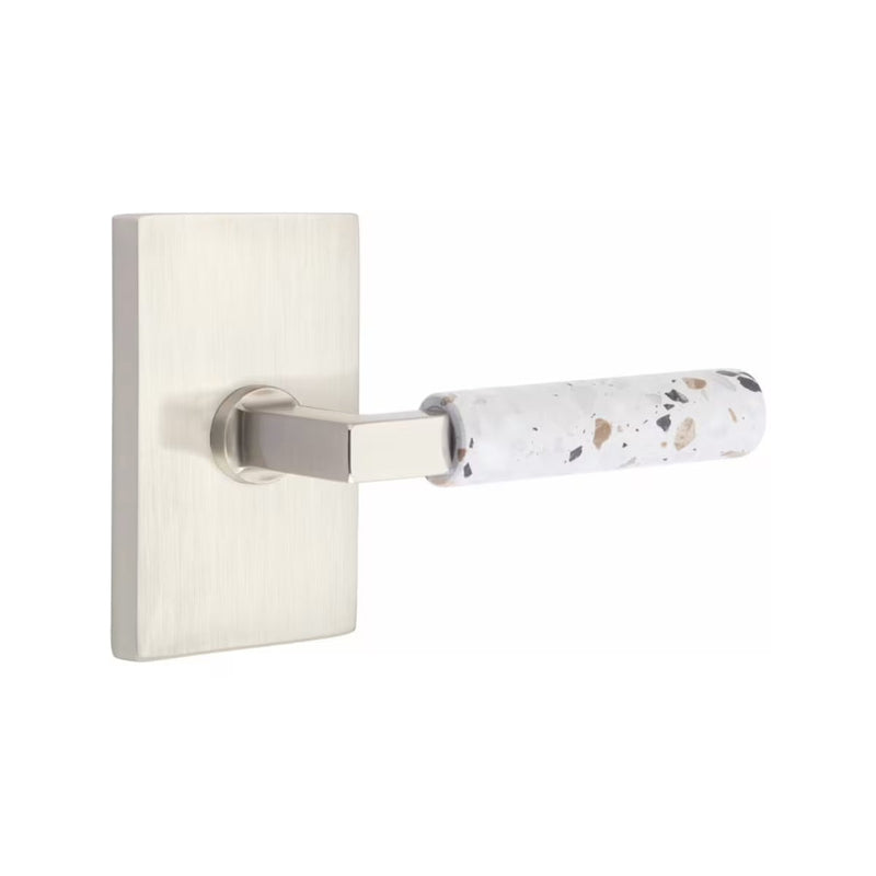 Emtek Select L-Square Terrazzo Lever with Modern Rectangular Rosette in Satin Nickel finish