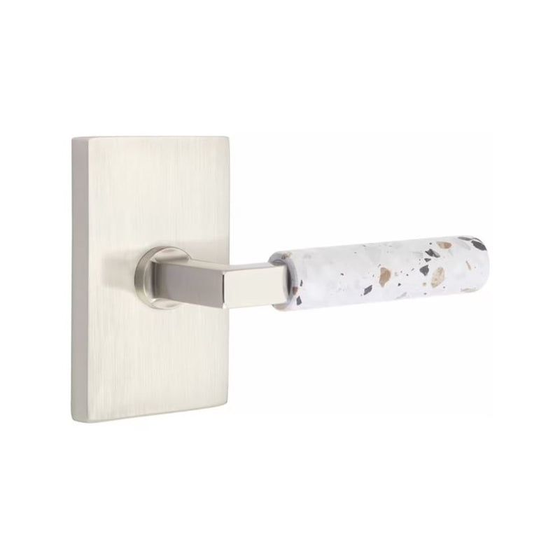 Emtek Select L-Square Terrazzo Lever with Modern Rectangular Rosette in Satin Nickel finish