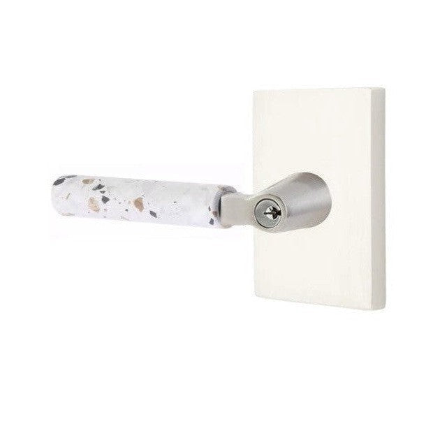 Emtek Select L-Square Terrazzo Lever with Modern Rectangular Rosette in Satin Nickel finish