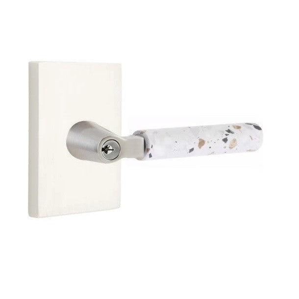 Emtek Select L-Square Terrazzo Lever with Modern Rectangular Rosette in Satin Nickel finish