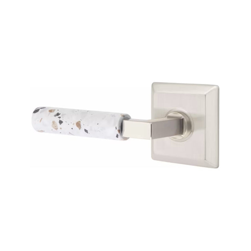 Emtek Select L-Square Terrazzo Lever with Quincy Rosette in Satin Nickel finish