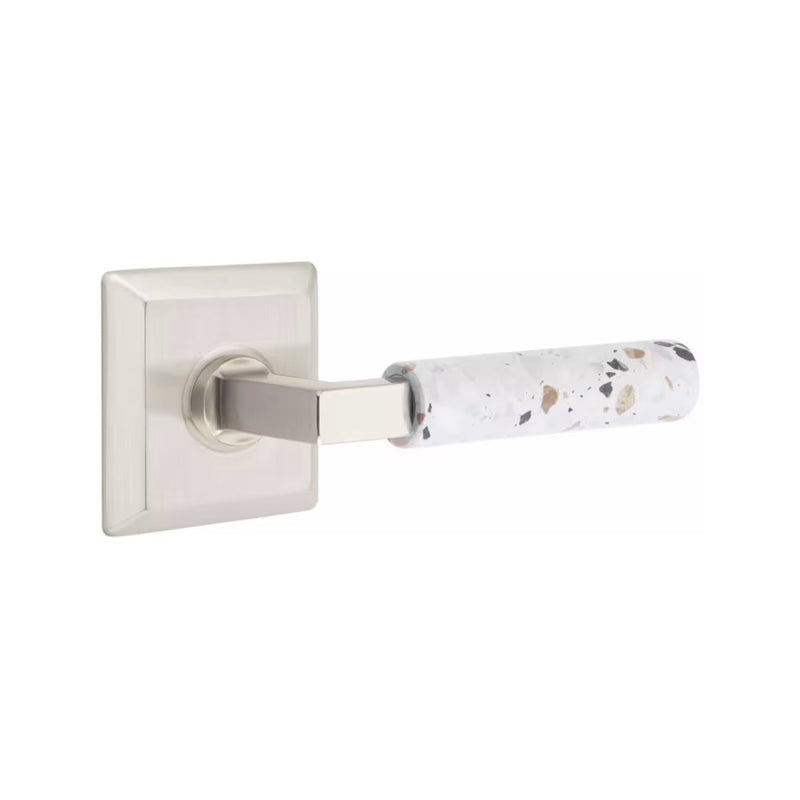 Emtek Select L-Square Terrazzo Lever with Quincy Rosette in Satin Nickel finish