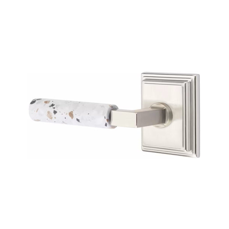 Emtek Select L-Square Terrazzo Lever with Wilshire Rosette in Satin Nickel finish