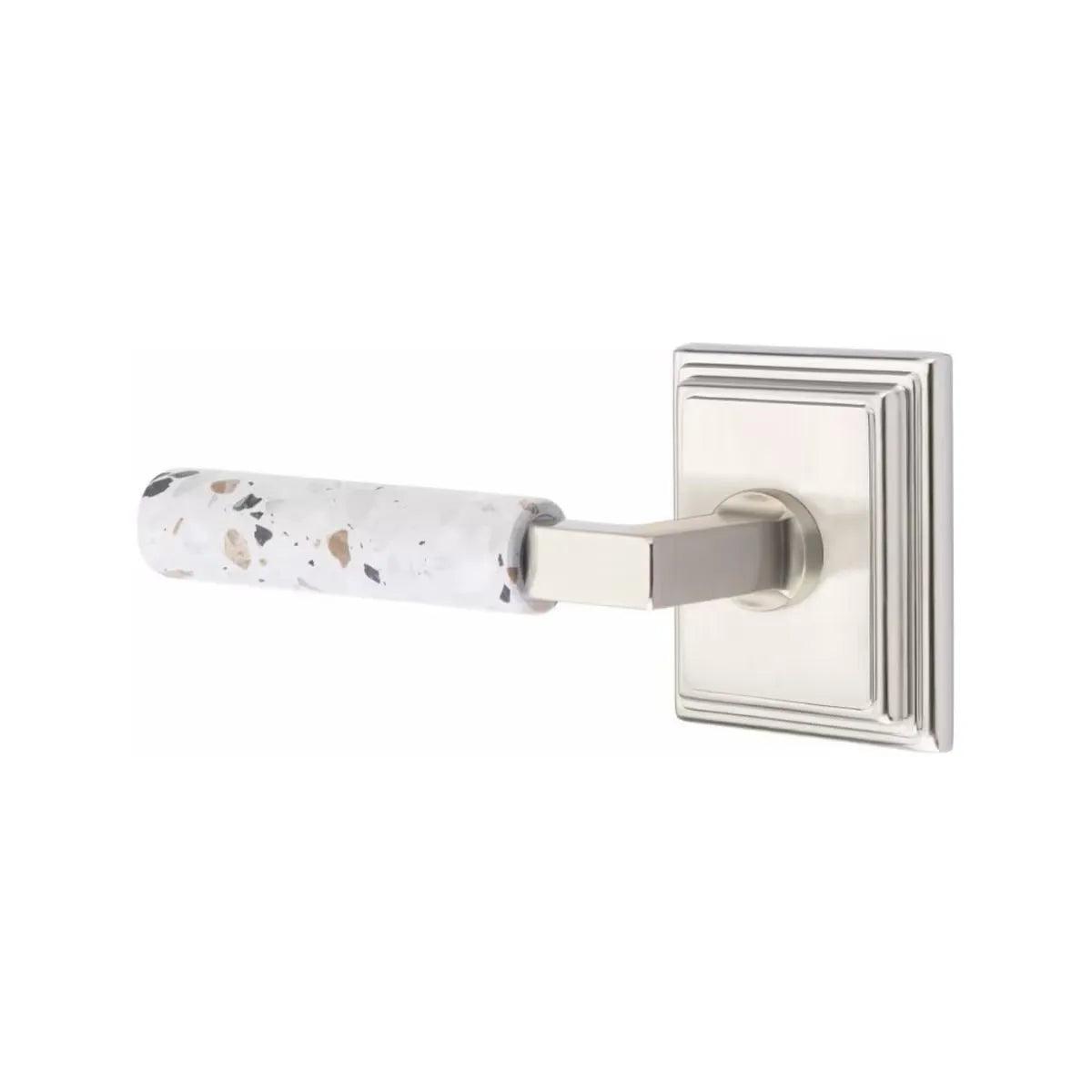 Emtek Select L-Square Terrazzo Lever with Wilshire Rosette in Satin Nickel finish