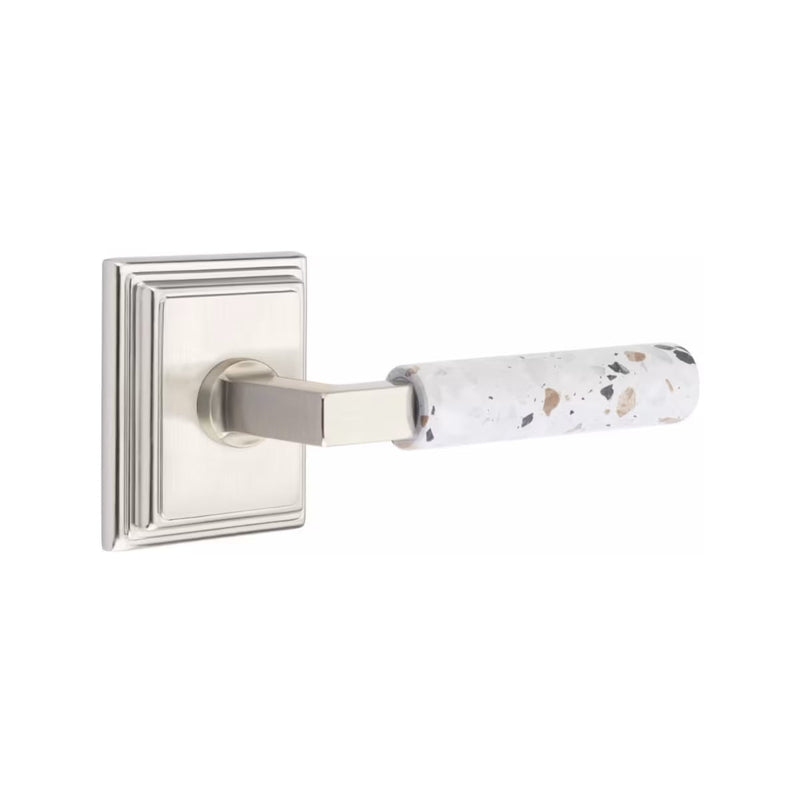 Emtek Select L-Square Terrazzo Lever with Wilshire Rosette in Satin Nickel finish