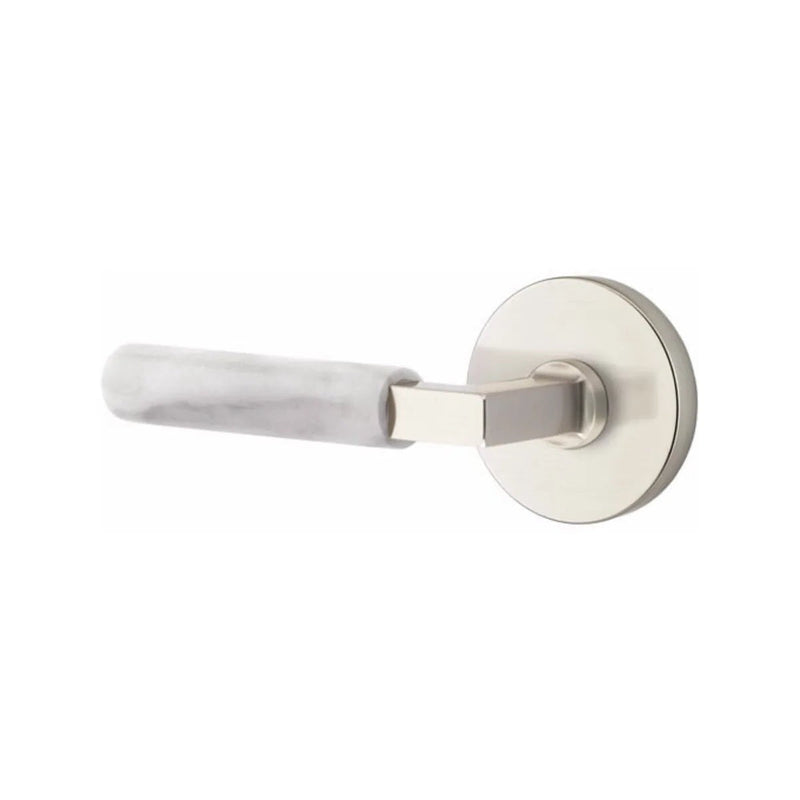 Emtek Select L-Square White Marble Lever with Disk Rosette in Satin Nickel finish