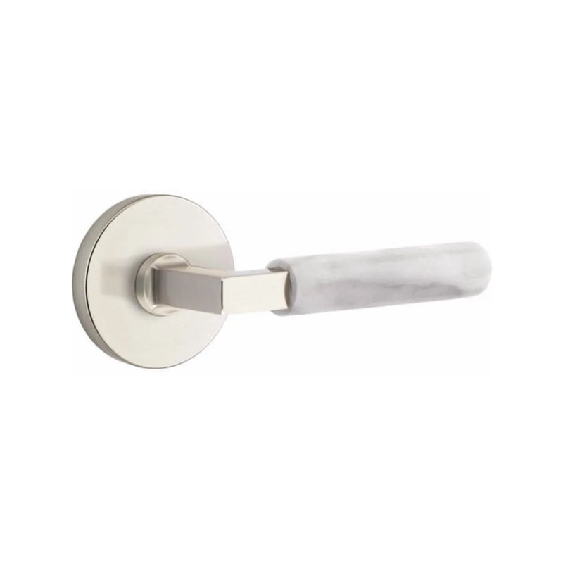 Emtek Select L-Square White Marble Lever with Disk Rosette in Satin Nickel finish