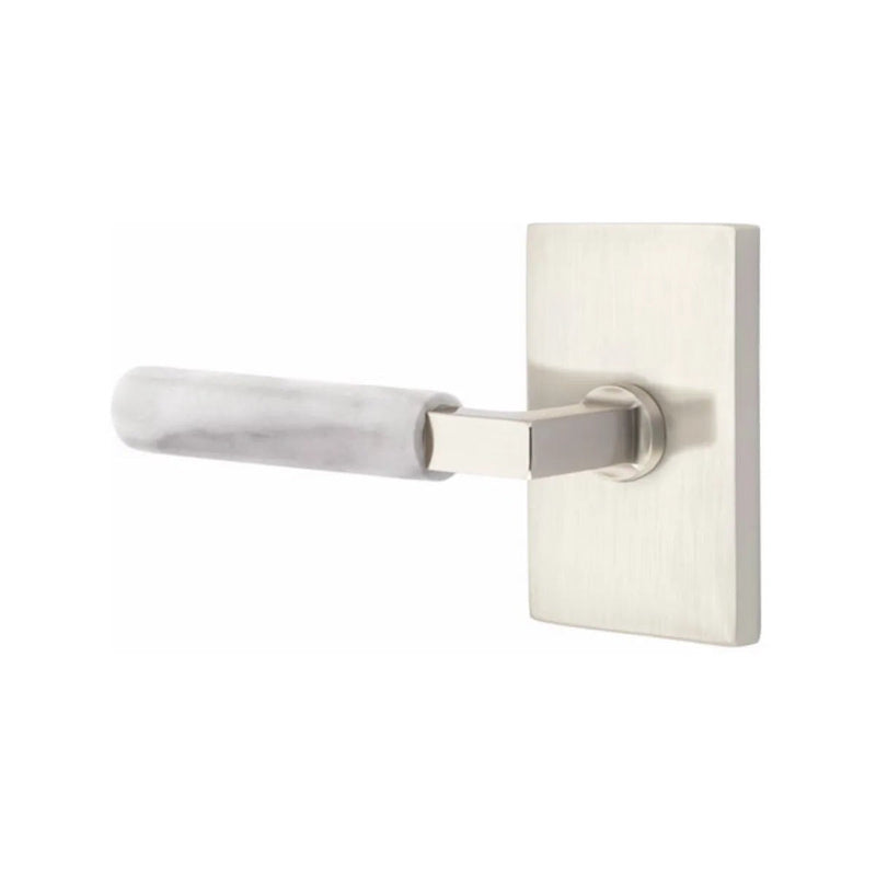 Emtek Select L-Square White Marble Lever with Modern Rectangular Rosette in Satin Nickel finish