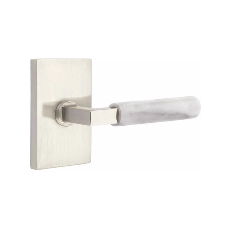 Emtek Select L-Square White Marble Lever with Modern Rectangular Rosette in Satin Nickel finish