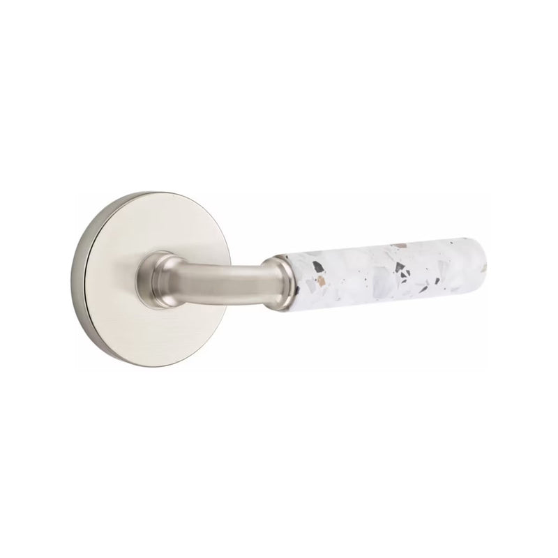 Emtek Select R-Bar Terrazzo Lever with Disk Rosette in Satin Nickel finish