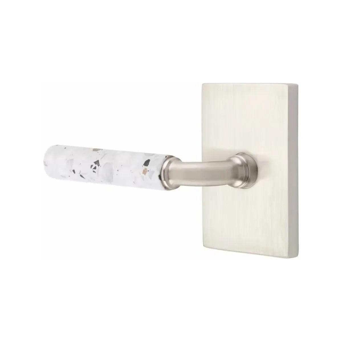 Emtek Select R-Bar Terrazzo Lever with Modern Rectangular Rosette in Satin Nickel finish