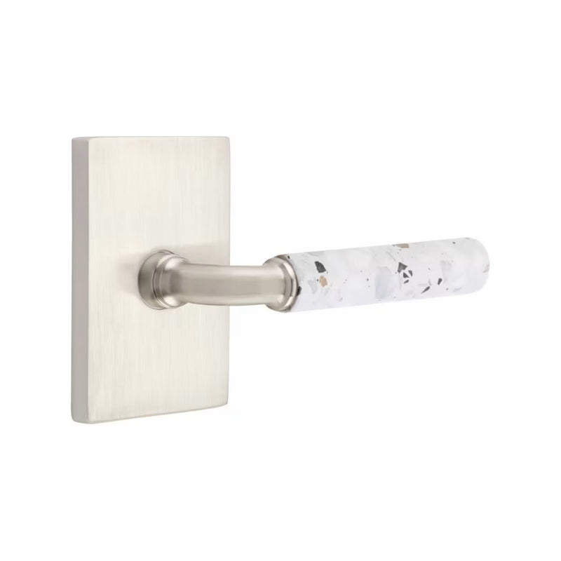 Emtek Select R-Bar Terrazzo Lever with Modern Rectangular Rosette in Satin Nickel finish