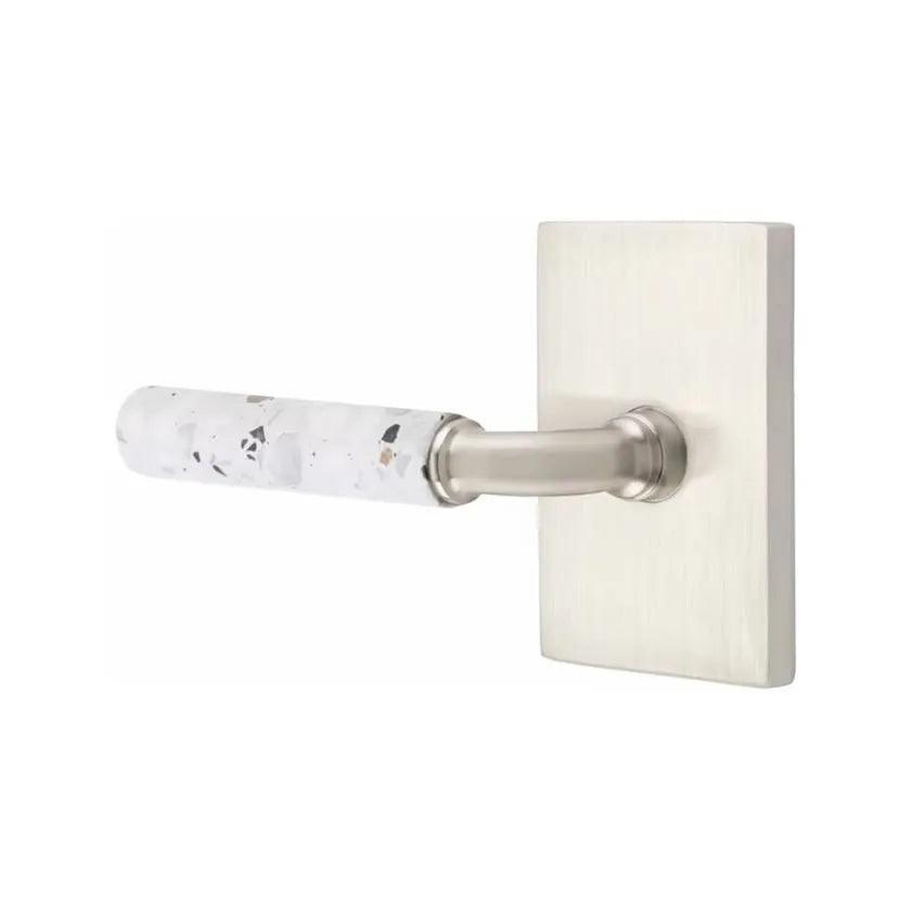Emtek Select R-Bar Terrazzo Lever with Modern Rectangular Rosette in Satin Nickel finish