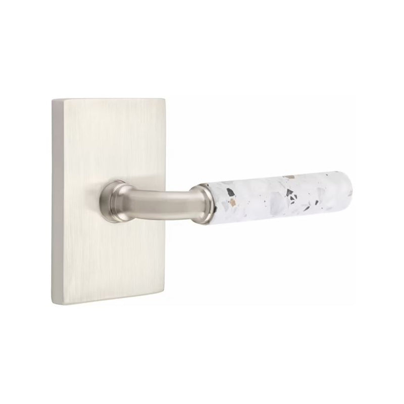 Emtek Select R-Bar Terrazzo Lever with Modern Rectangular Rosette in Satin Nickel finish